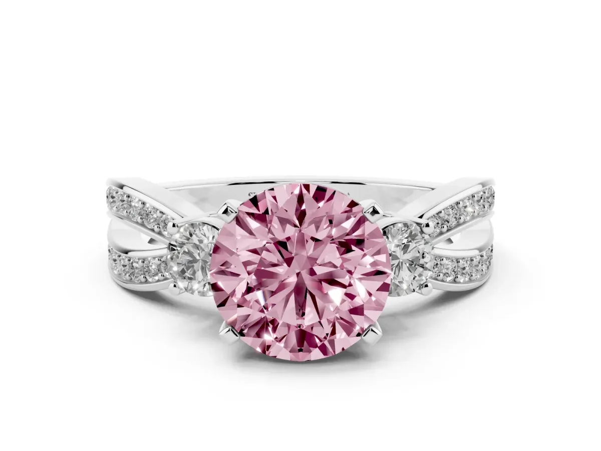 Fancy Pink Three-Stone Round Cut Cut Diamond Twist Band with Prong Setting Silver