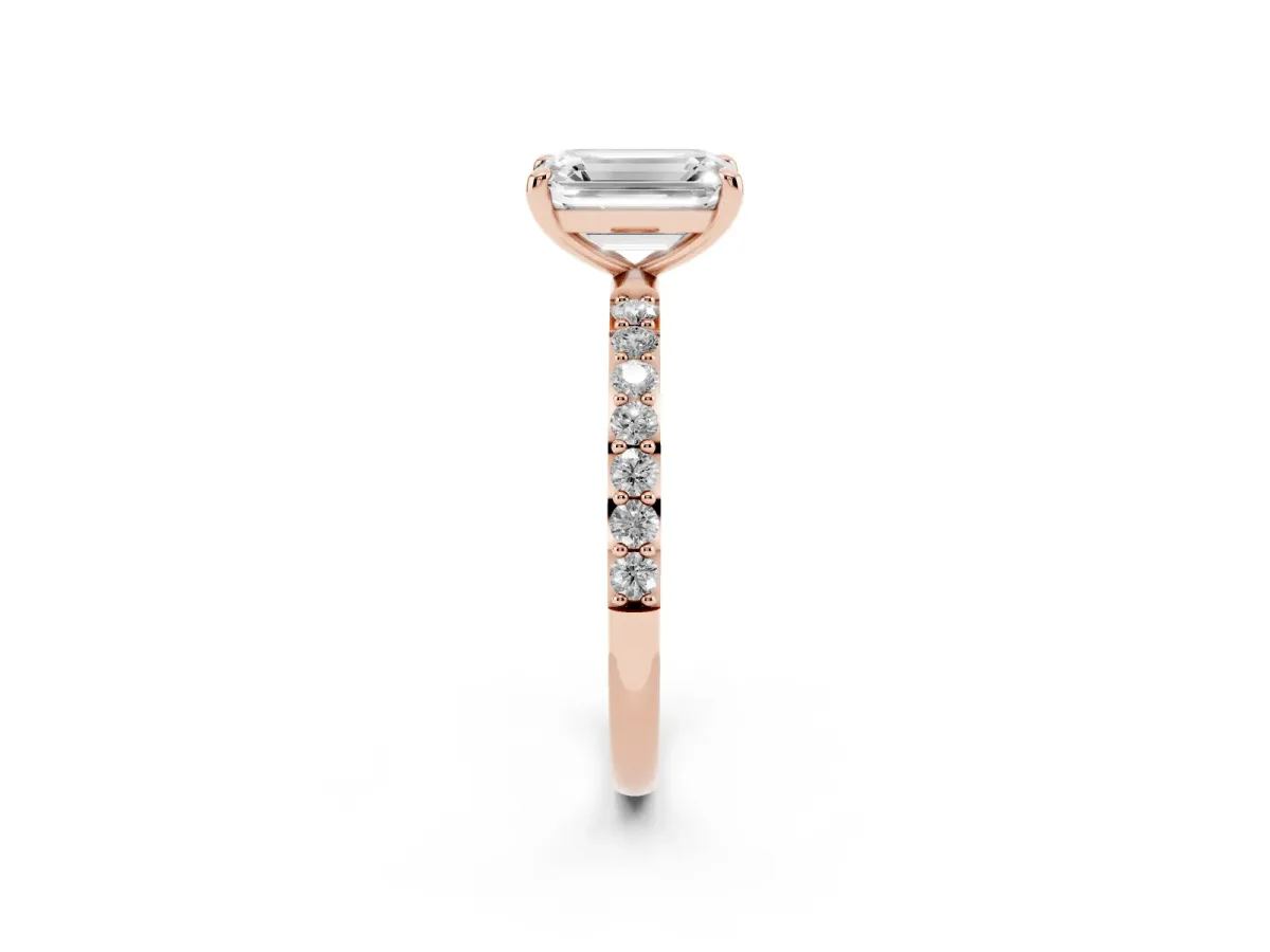Emerald Cut Diamond Solitaire Ring with Round Pavé Band and Prong Setting Rose gold