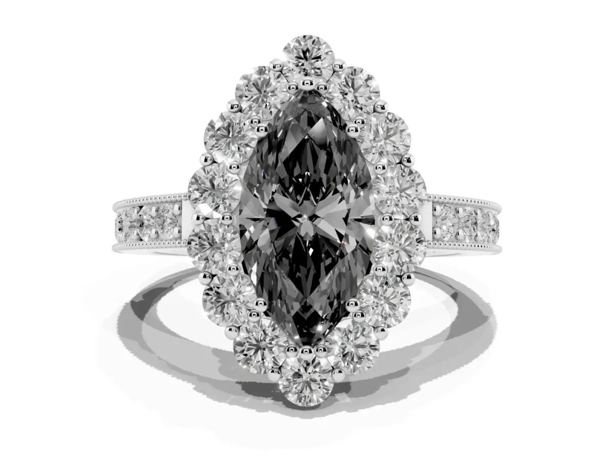 Fancy Black Marquise Cut Cut Halo Diamond Pavé Engagement Ring with Milgrain Detailing Silver