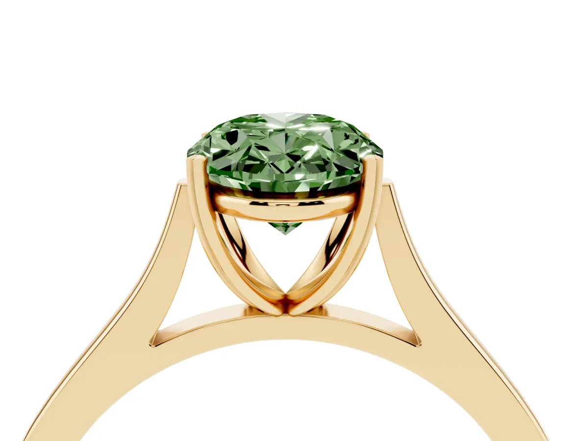 Fancy Green Oval Cut Solitaire Heart Prong Engagement Ring with Tapered Band Yellow gold
