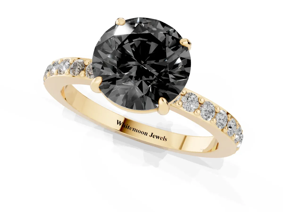 Fancy Black Round Cut Diamond Pavé Engagement Ring with Round Accents and Prong Setting Yellow gold