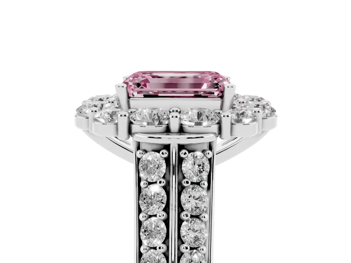Fancy Pink Emerald Cut Halo Diamond Engagement Ring with Split Shank and Prong Setting Platinum