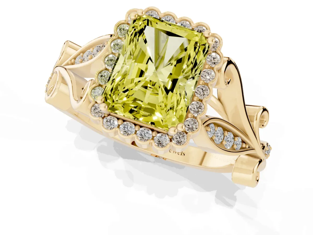 Fancy Yellow Radiant Cut Diamond Halo Ring with Vintage Split Shank and Four-Prong Setting Yellow gold