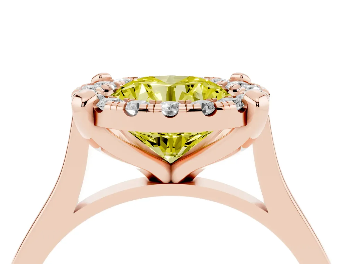 Fancy Yellow Round Cut Diamond Cluster Halo Solitaire with Four-Prong Setting Rose gold