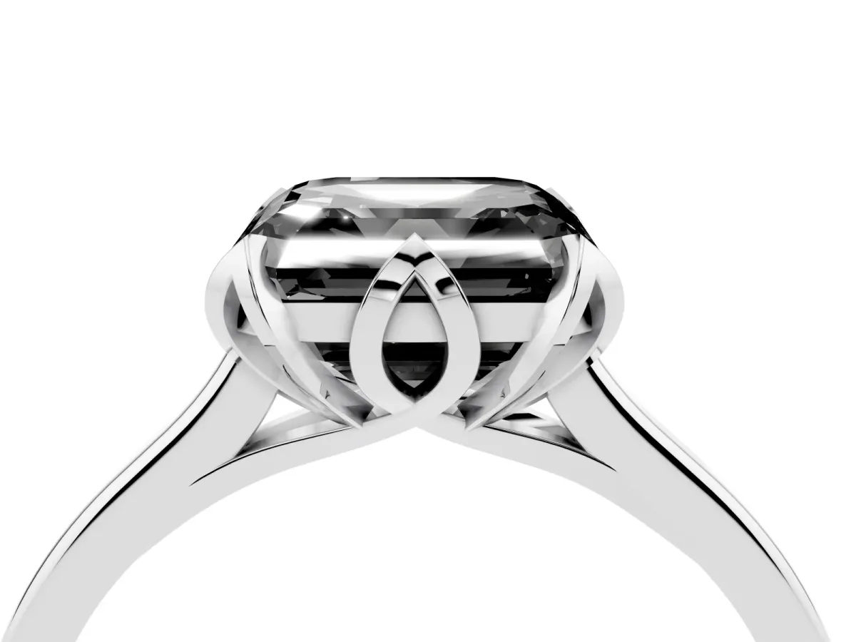 Fancy Black Asscher Cut Diamond Solitaire Ring with Flower Prong Setting and Classic Band Silver