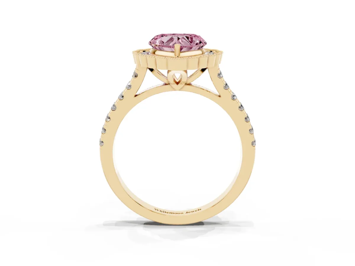 Fancy Pink Heart Cut Cut Diamond Milgrain Floral Halo Engagement Ring with Pavé Band Yellow gold