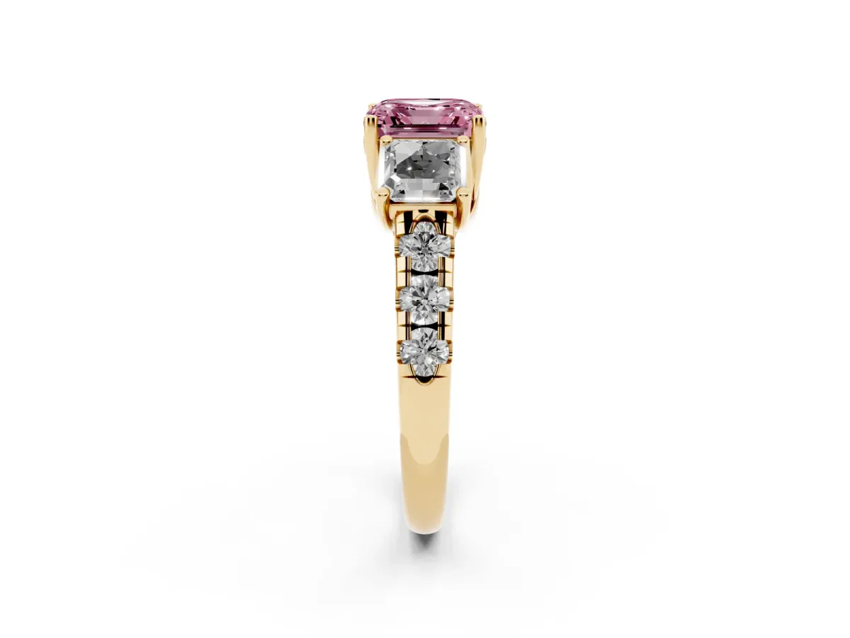 Fancy Pink Three-Stone Asscher Cut Diamond Pavé Band with Prong Setting Yellow gold