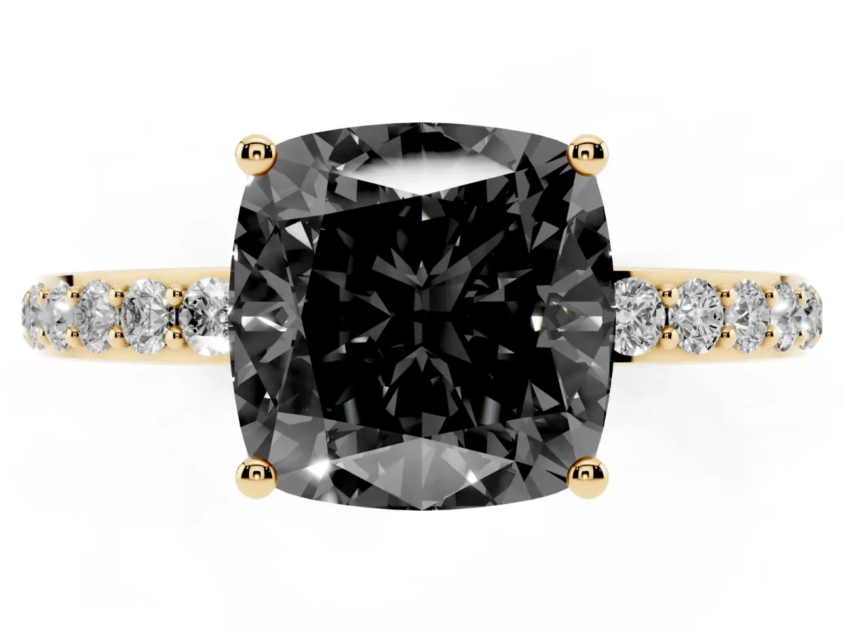 Fancy Black Cushion Cut Diamond Solitaire Ring with Pavé Band and Hidden Halo Yellow gold