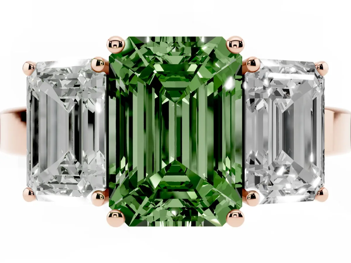 Fancy Green Three-Stone Emerald Cut Cut Diamond Engagement Ring with Flat Band and Four-Prong Setting Rose gold