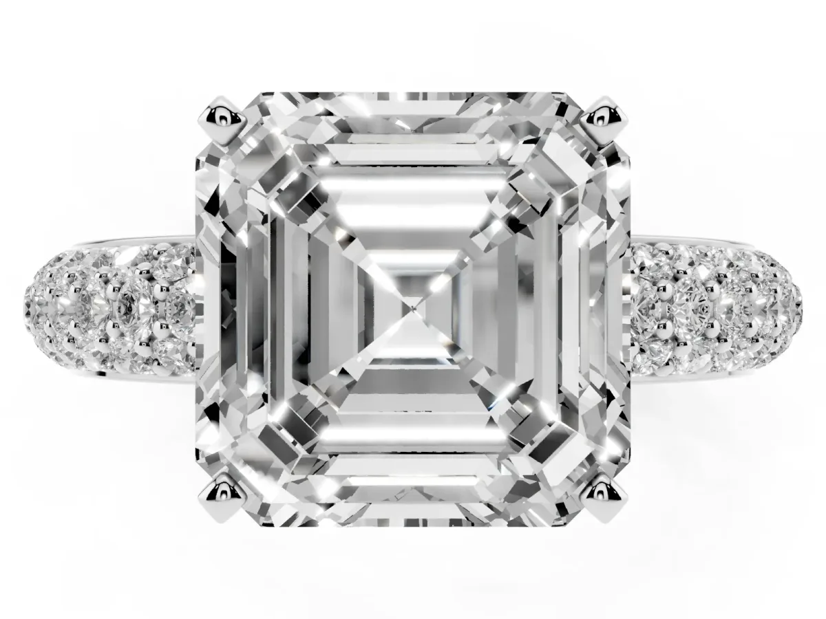 Asscher Cut Diamond Solitaire Ring with Prong Setting and Pavé Band Silver