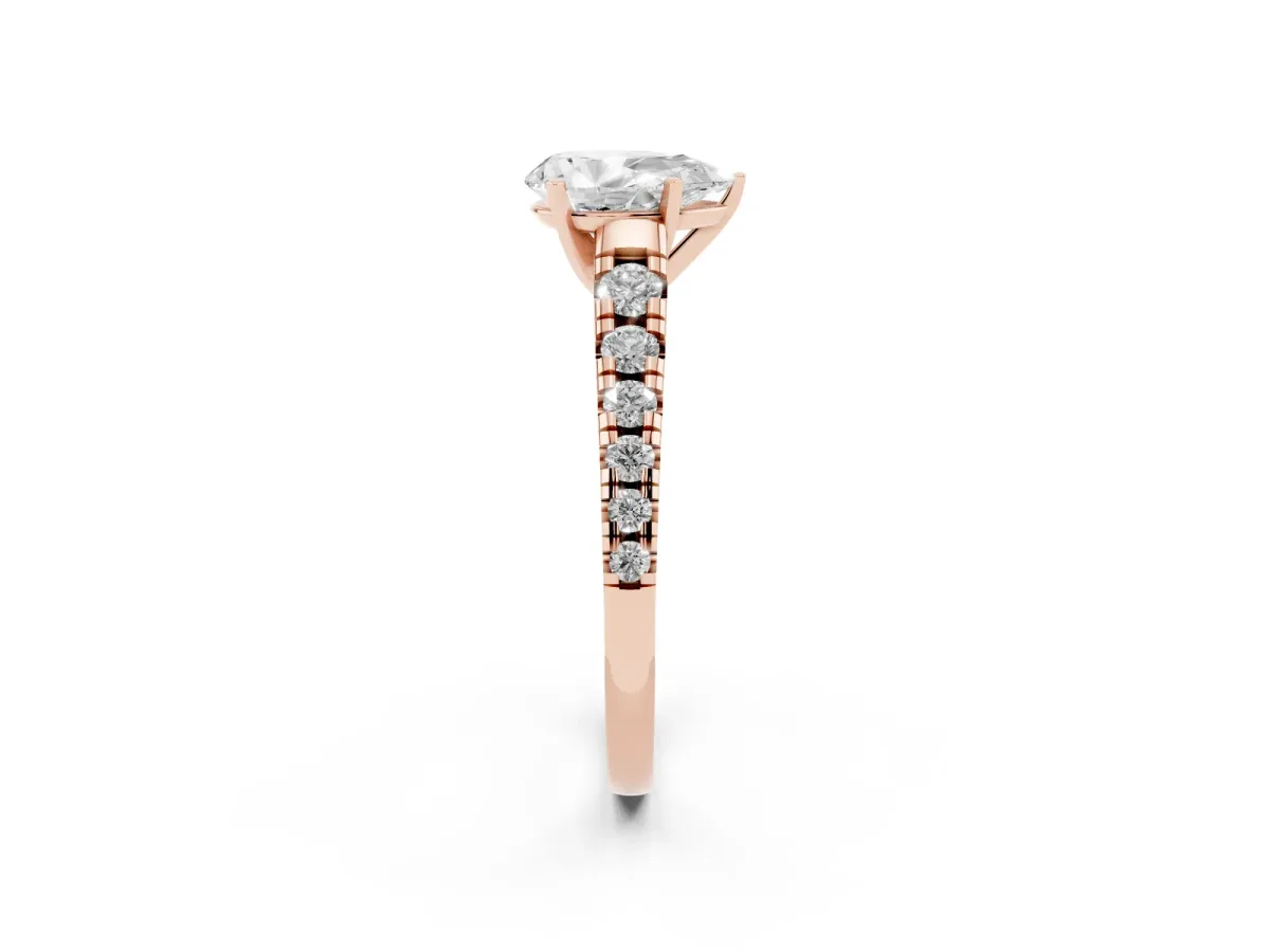 Pear Cut Diamond Cathedral Solitaire Ring with Round Pavé Band Rose gold