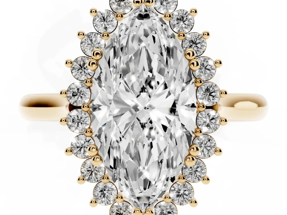 Marquise Cut Cut Diamond Halo Ring with Solitaire Band and Prong Setting Yellow gold