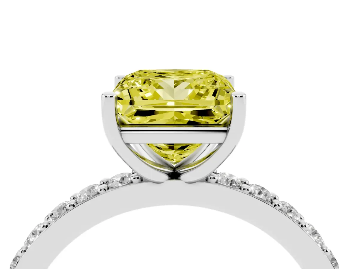 Fancy Yellow Princess Cut Cut Diamond Solitaire with Pave Band and Four-Prong Setting Silver