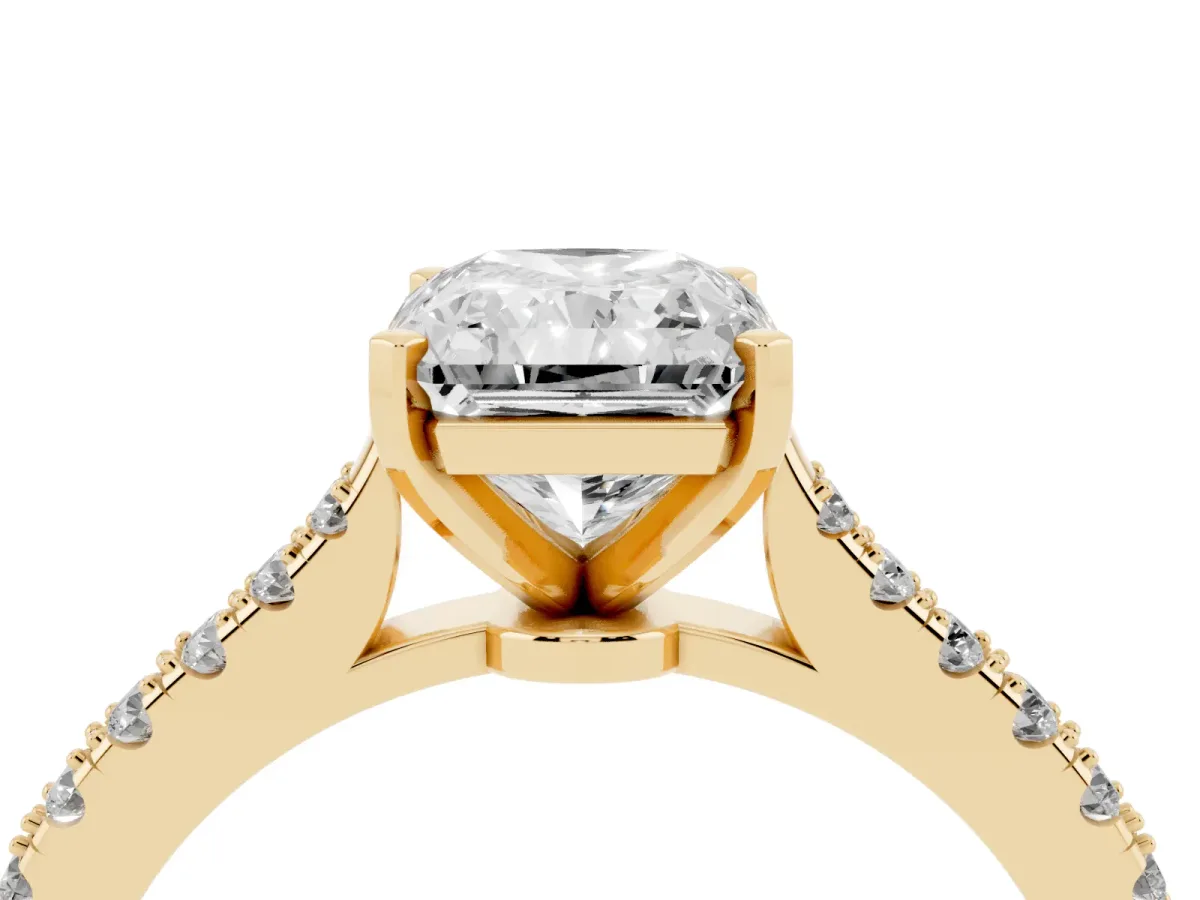 Radiant Cut Cut Solitaire Diamond Engagement Ring with Pave Band and Four-Prong Setting Yellow gold