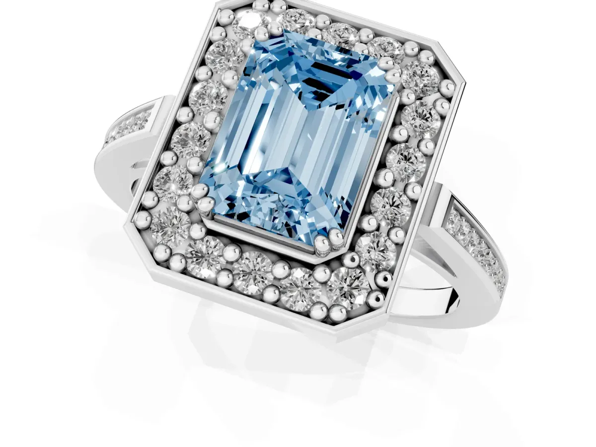 Fancy Blue Emerald Cut Diamond Halo Ring with Split Shank and Four-Prong Setting Silver