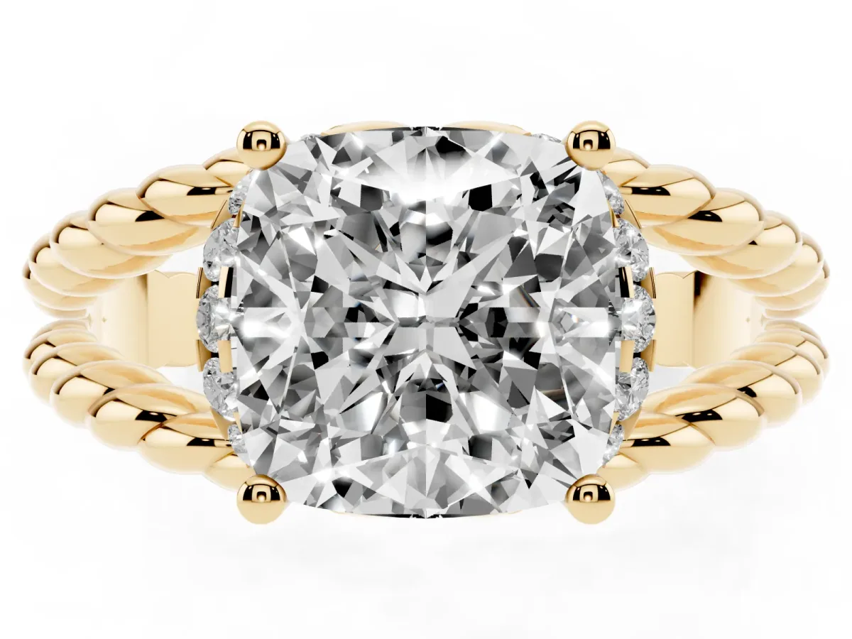 Cushion Cut Halo Twisted Band Four-Prong Ring Yellow gold