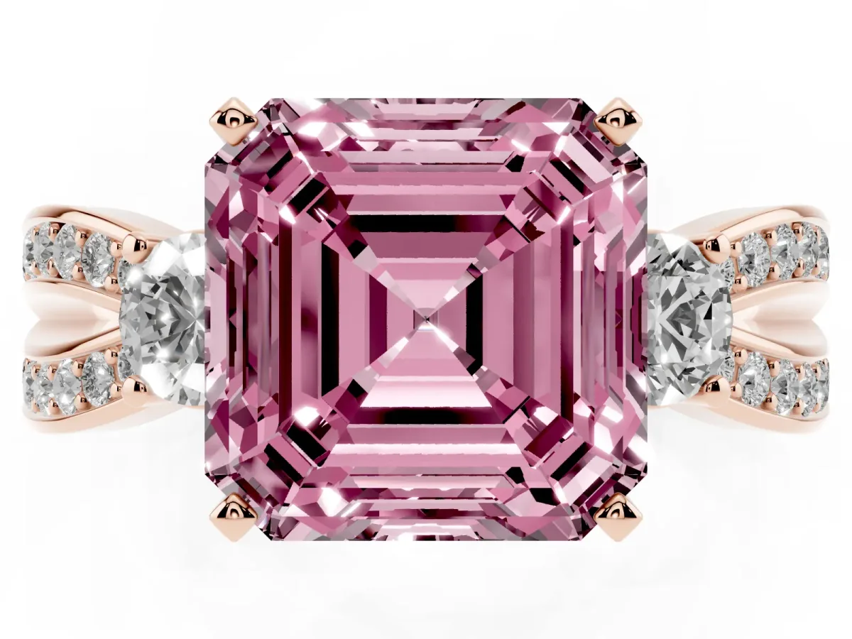 Fancy Pink Three-Stone Asscher Cut Cut Diamond Twist Band with Prong Setting Rose gold