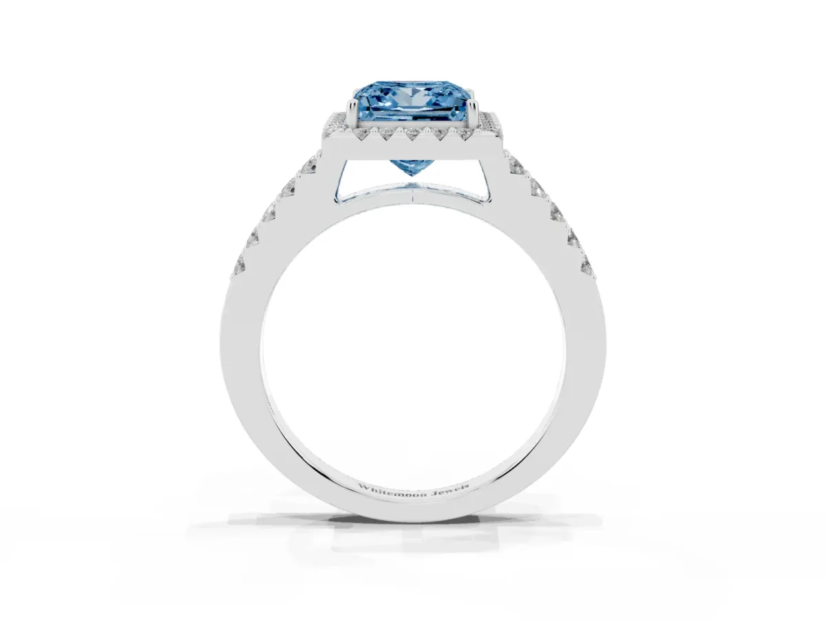 Fancy Blue Princess Cut Halo Diamond Pavé Solitaire Ring Platinum