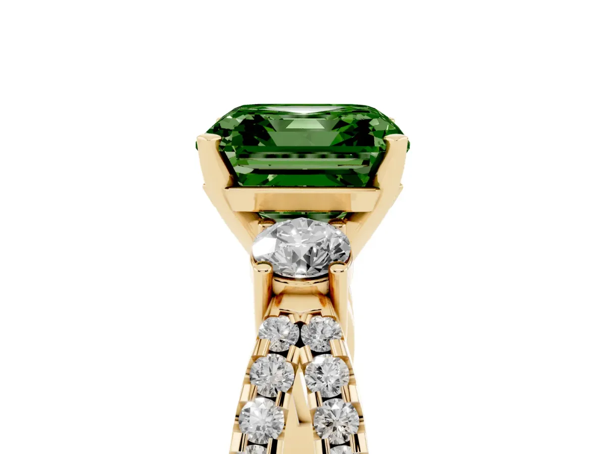 Fancy Green Asscher Cut Diamond Three-Stone Ring with Pavé Split Shank and Four-Prong Setting Yellow gold