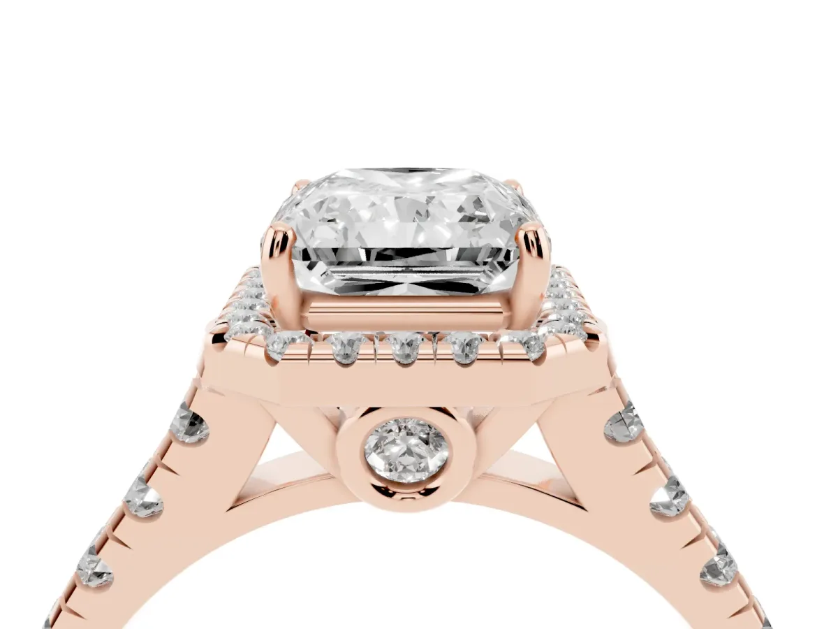 Radiant Cut Halo Pavé Diamond Engagement Ring with Four-Prong Setting Rose gold
