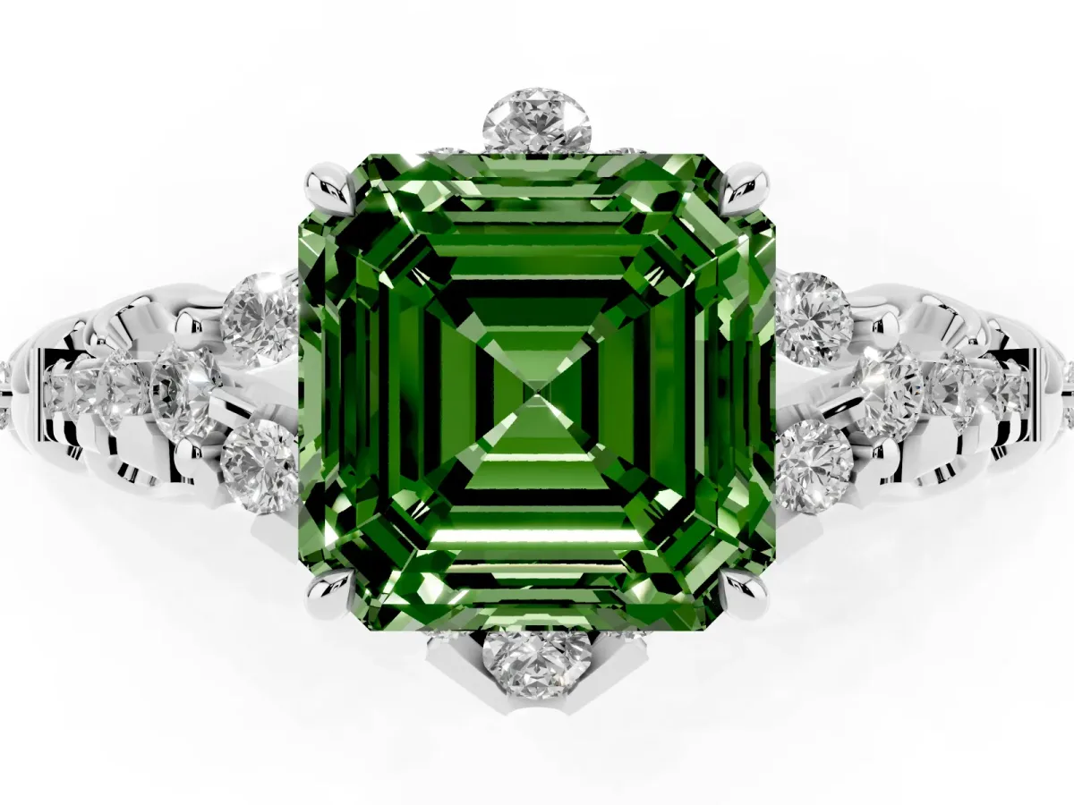 Fancy Green Asscher Cut Diamond Solitaire Ring with Hidden Halo and Pavé Band White gold