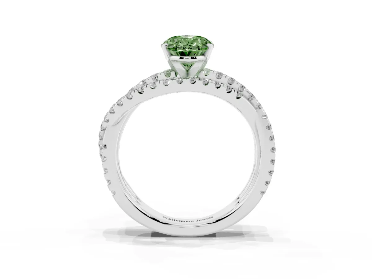 Fancy Green Oval Cut Solitaire Twist Band with Pavé Setting and Four-Prong Setting Silver