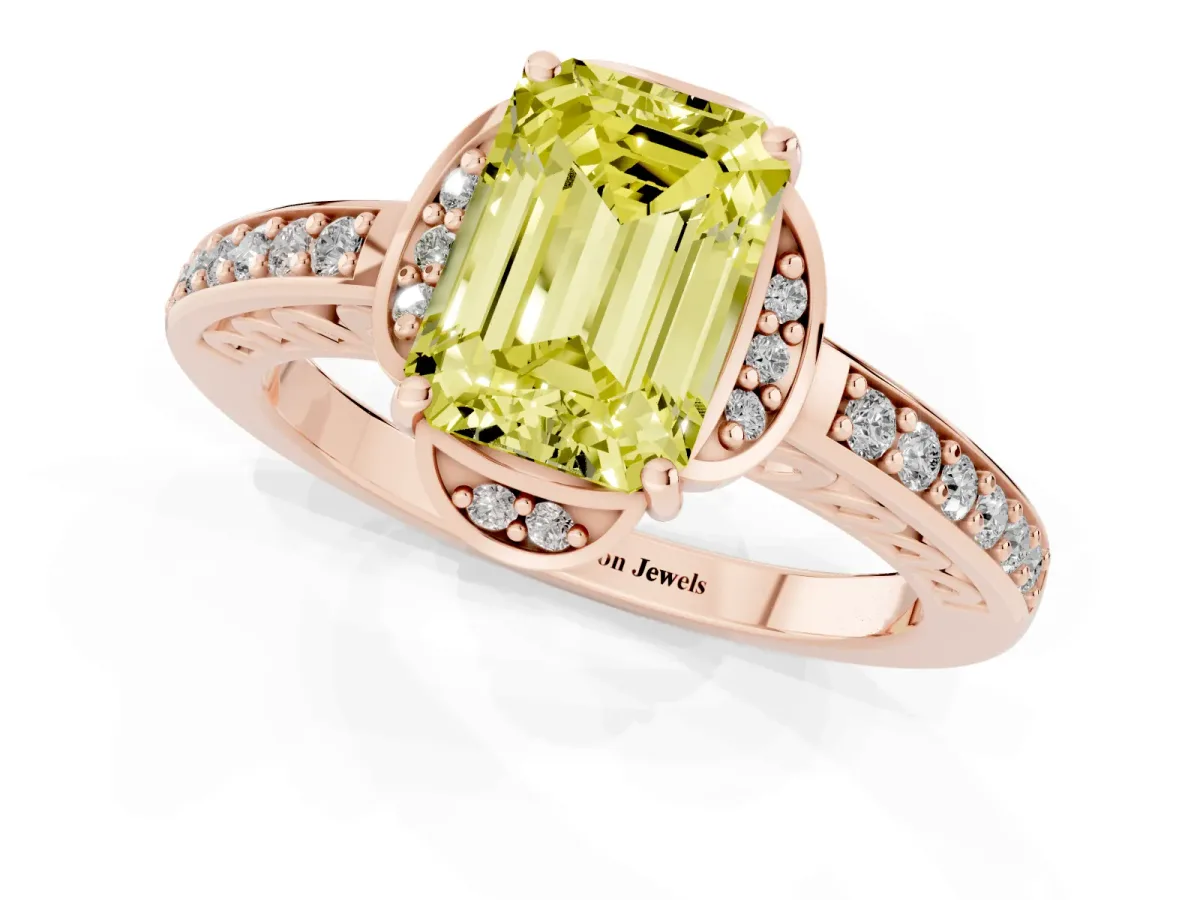 Fancy Yellow Emerald Cut Cut Halo Diamond Ring with Channel Set Band and Four-Prong Setting Rose gold