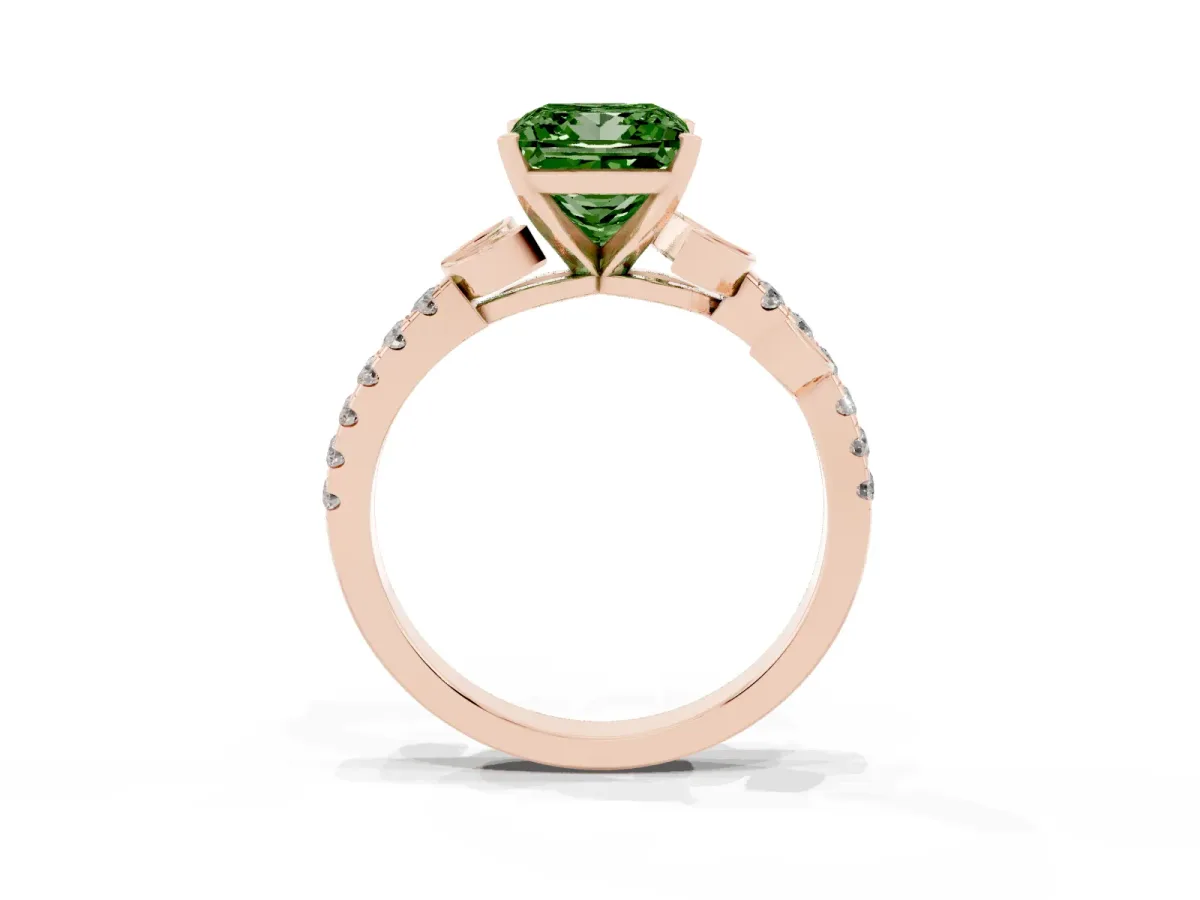 Fancy Green Princess Cut Solitaire Leaf-Inspired Diamond Ring with Pavé Band and Four-Prong Setting Rose gold