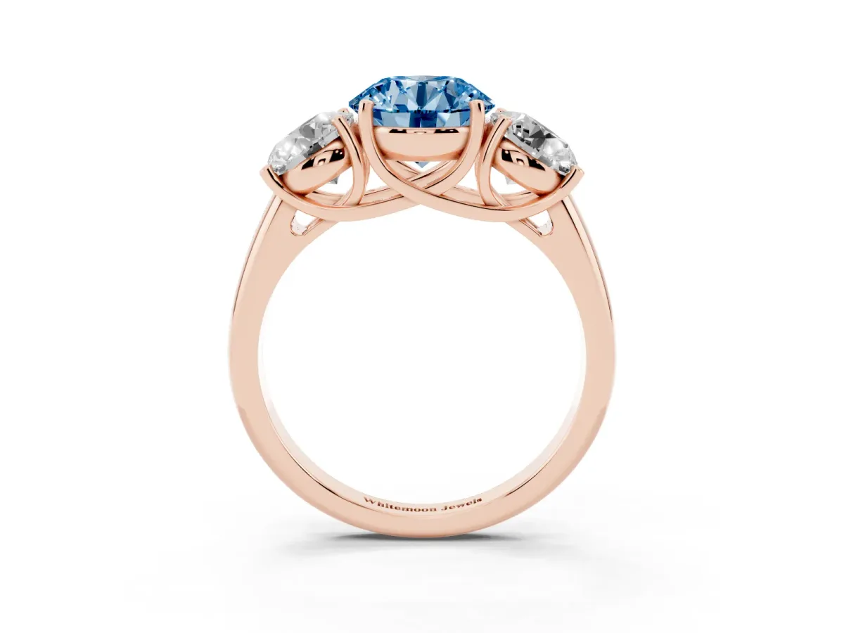 Fancy Blue Three-Stone Round Cut Diamond Engagement Ring with Prong Setting Rose gold