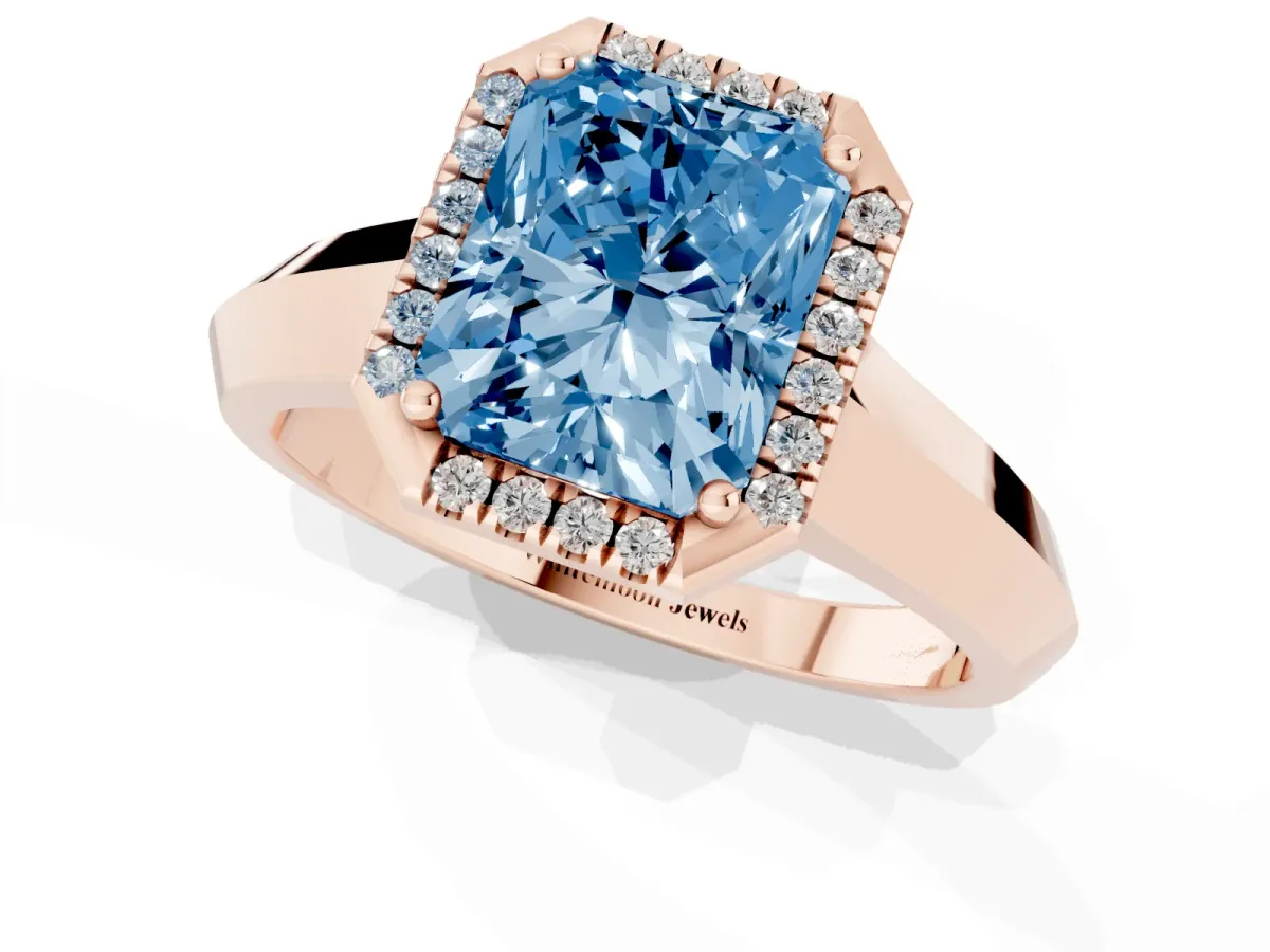 Fancy Blue Radiant Cut Halo Diamond Ring with Cathedral Band and Four-Prong Setting Rose gold