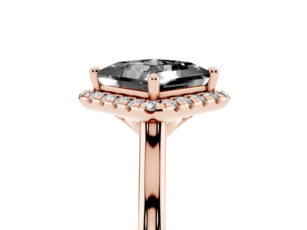 Fancy Black Princess Cut Halo Round Diamond Solitaire Engagement Ring with Pave Band and Four-Prong Setting Rose gold