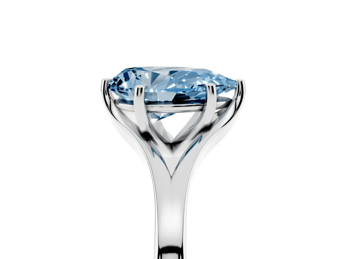 Fancy Blue Pear Cut Solitaire Diamond Ring with Six-Prong Setting and Tapered Band Platinum
