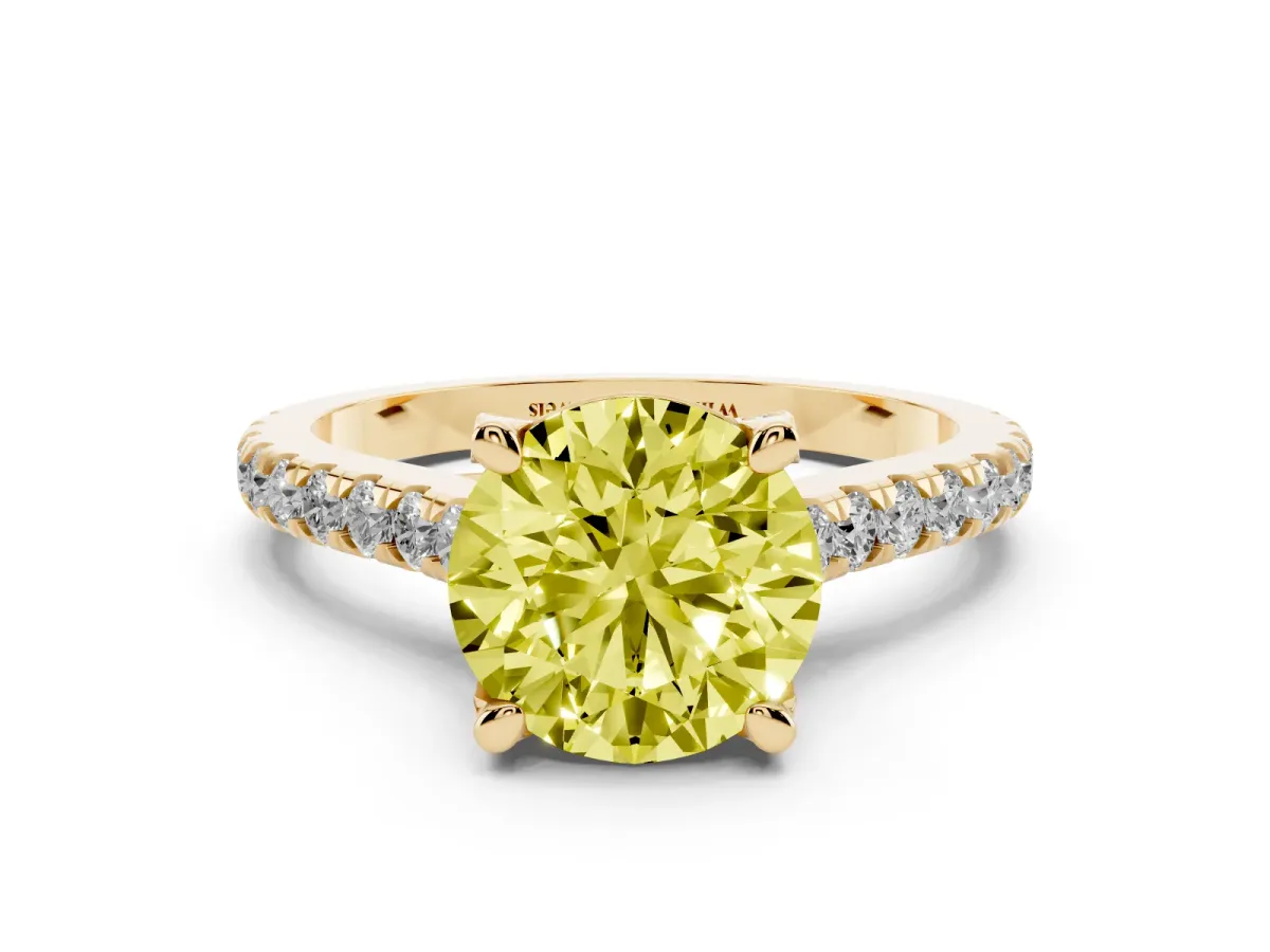 Fancy Yellow Round Cut Brilliant Diamond Solitaire with Pavé Band and Four-Prong Setting Yellow gold