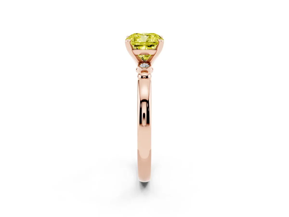 Fancy Yellow Cushion Cut Solitaire Beaded Band with Four-Prong Setting Rose gold