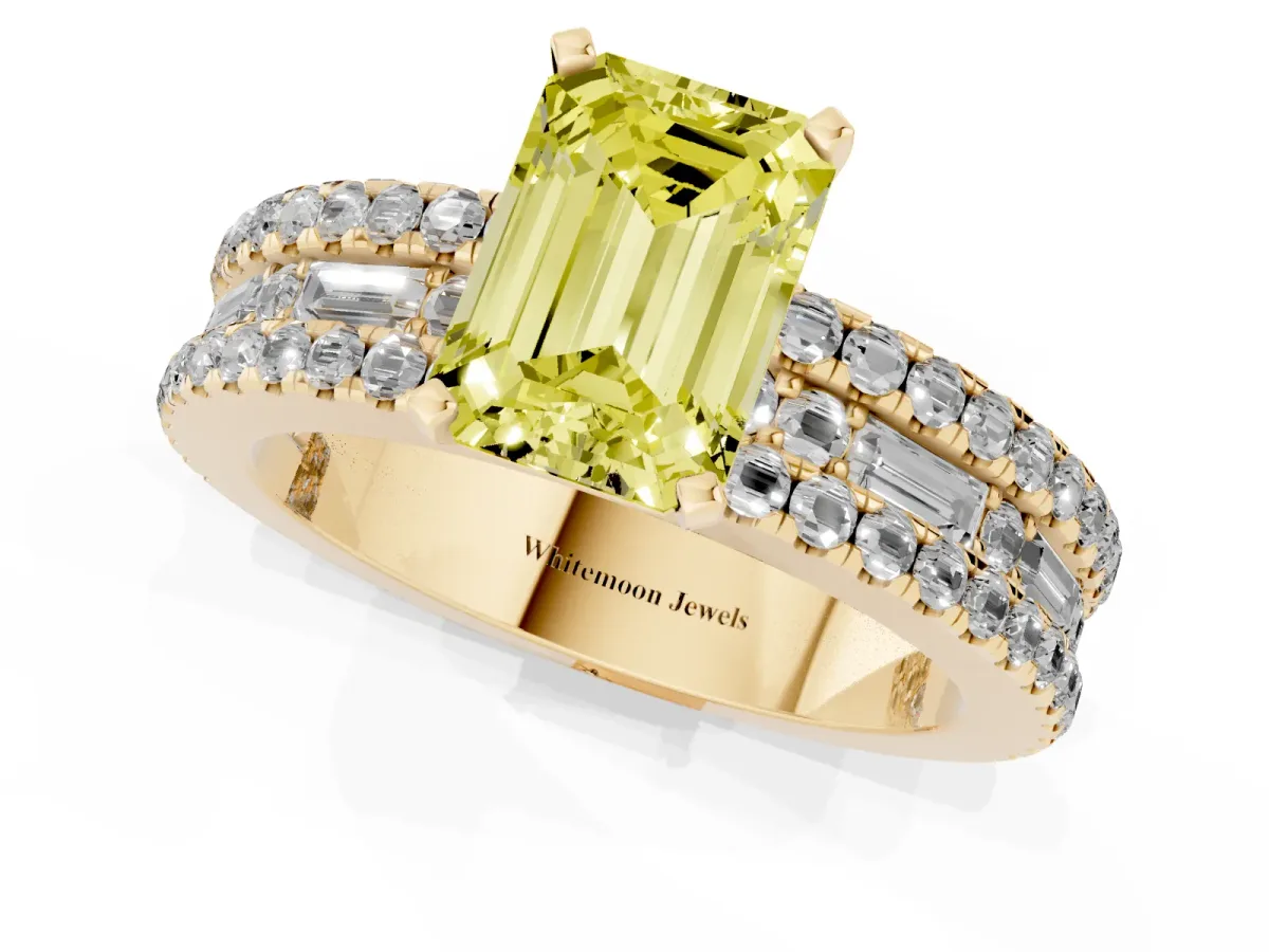 Fancy Yellow Emerald Cut Diamond Solitaire Ring with Pavé and Channel Set Band Yellow gold