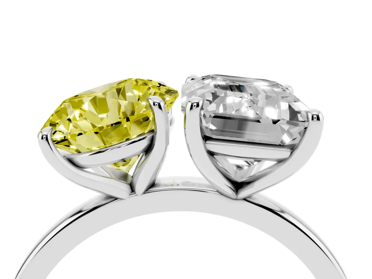 Fancy Yellow Round Cut and Emerald Cut Toi Moi Ring with Prong Setting Platinum