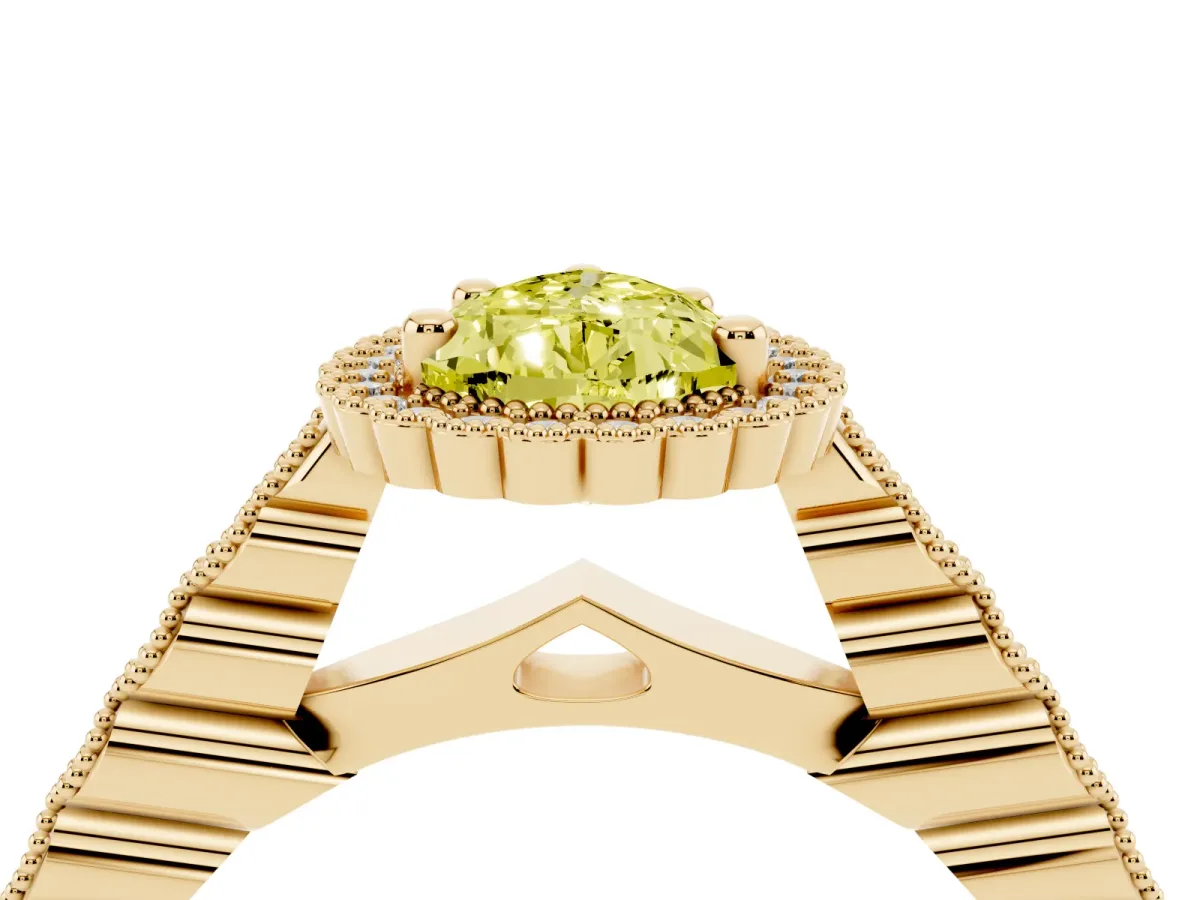 Fancy Yellow Pear Cut Cut Halo Pavé Solitaire Ring with Milgrain Band Yellow gold