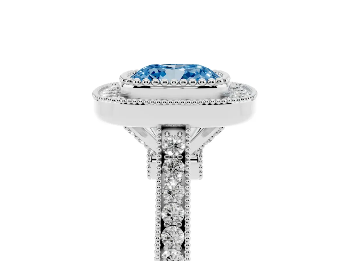 Fancy Blue Cushion Cut Diamond Halo Ring with Milgrain Frame and Pavé Band White gold