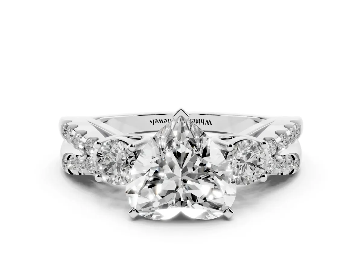 Heart Cut Diamond Three-Stone Ring with Pavé Split Shank and Four-Prong Setting White gold