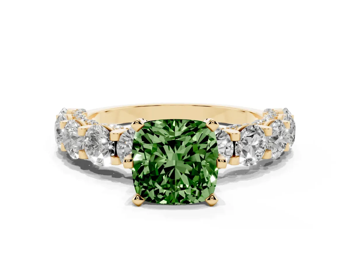 Fancy Green Cushion Cut Diamond Side Stone Engagement Ring with Four-Prong Setting Yellow gold
