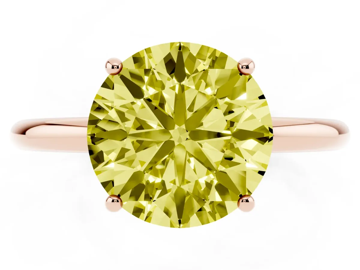 Fancy Yellow Round Cut Solitaire Diamond Ring with a Classic Band and Four-Prong Setting Rose gold