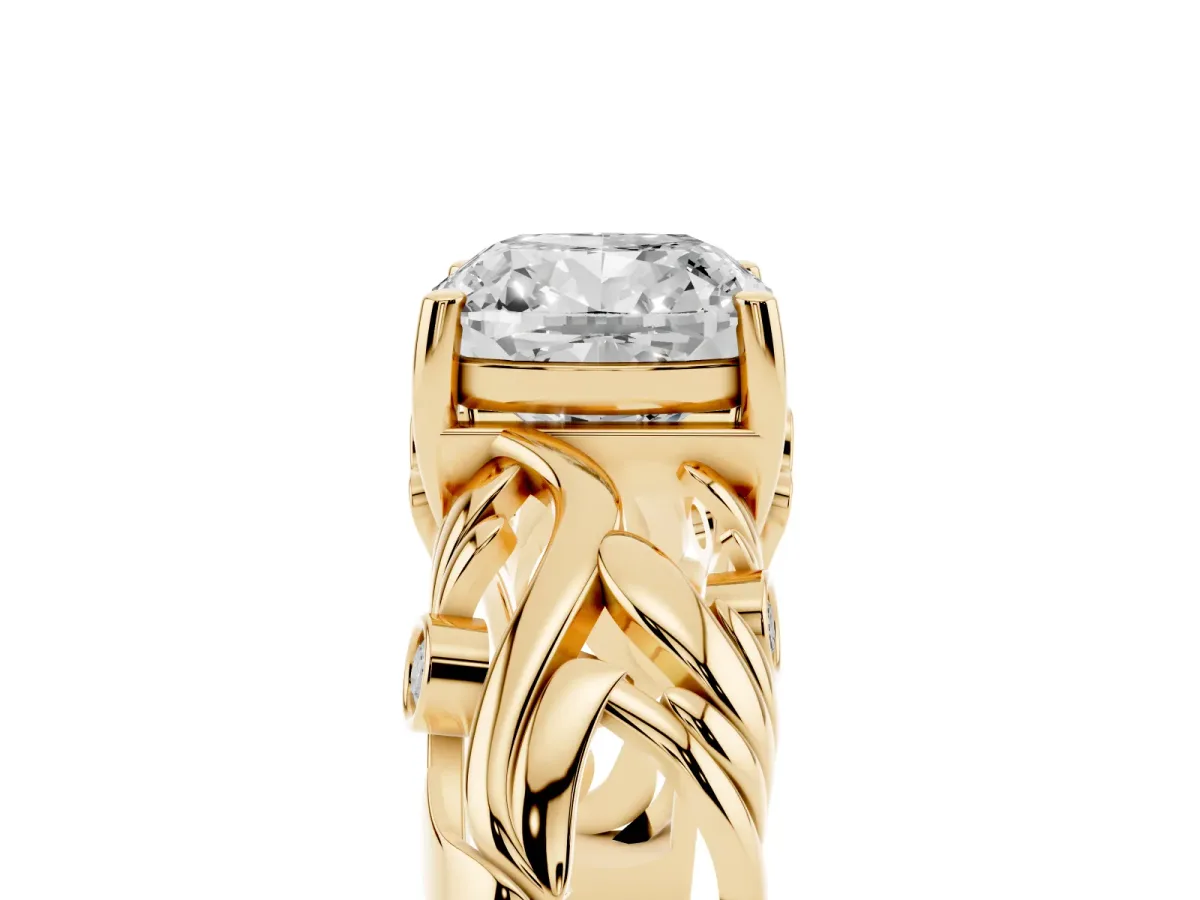 Cushion Cut Solitaire Diamond Leaf-Inspired Vine Band Ring with Prong Setting Yellow gold
