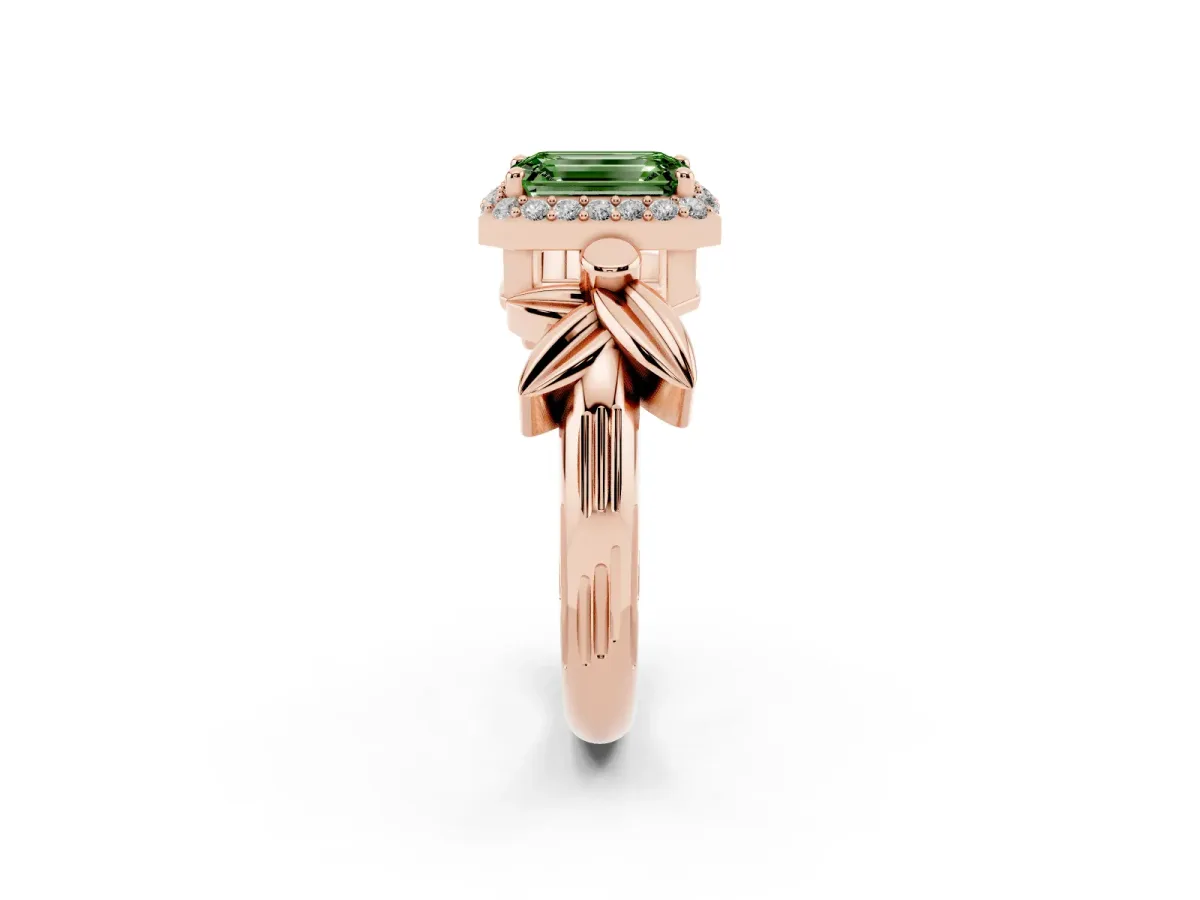 Fancy Green Emerald Cut Halo Diamond Floral Band with Four-Prong Setting Rose gold
