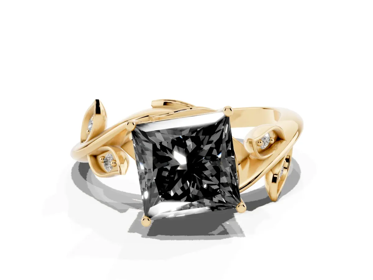Fancy Black Princess Cut Solitaire Twist Engagement Ring with Leaf Accents and Prong Setting Yellow gold