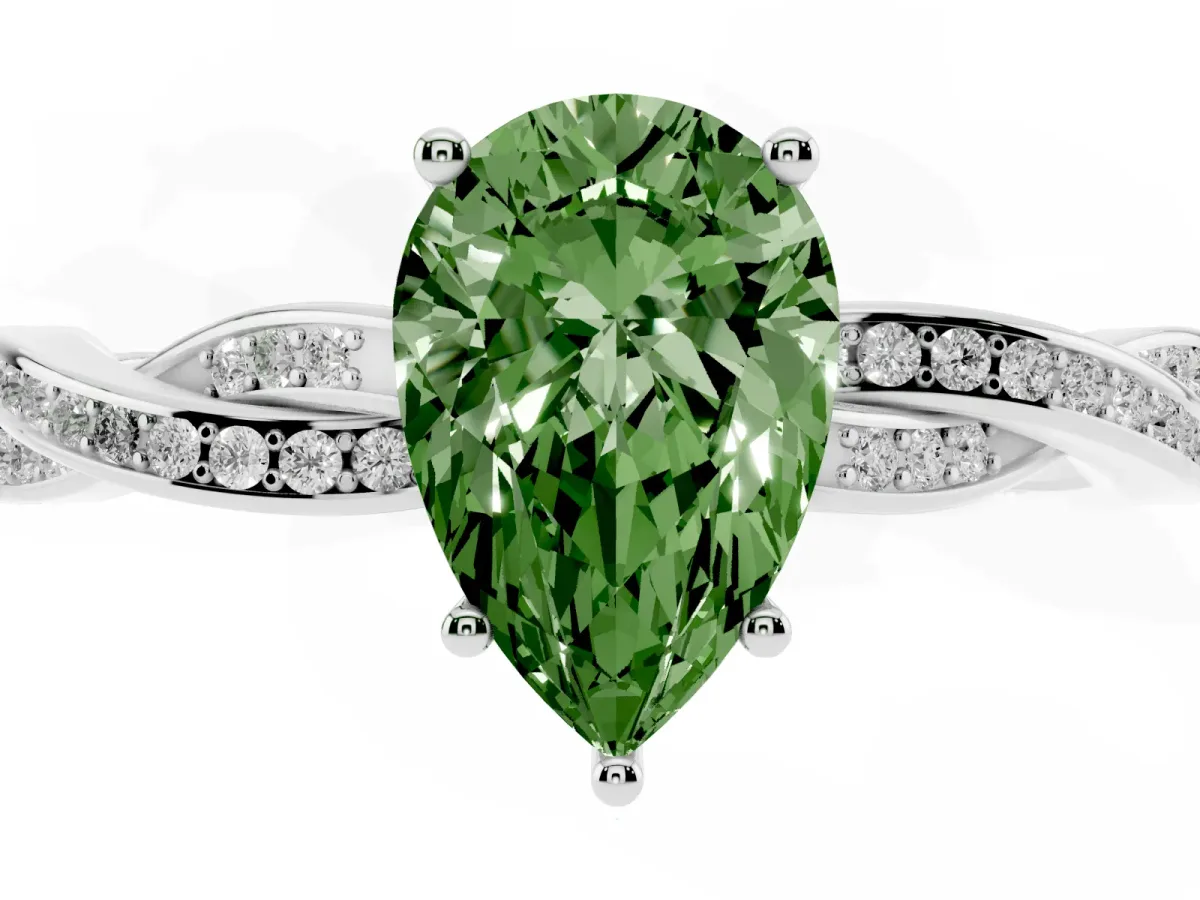 Fancy Green Pear Cut Solitaire Twisted Pave Diamond Ring with Four-Prong Setting Silver