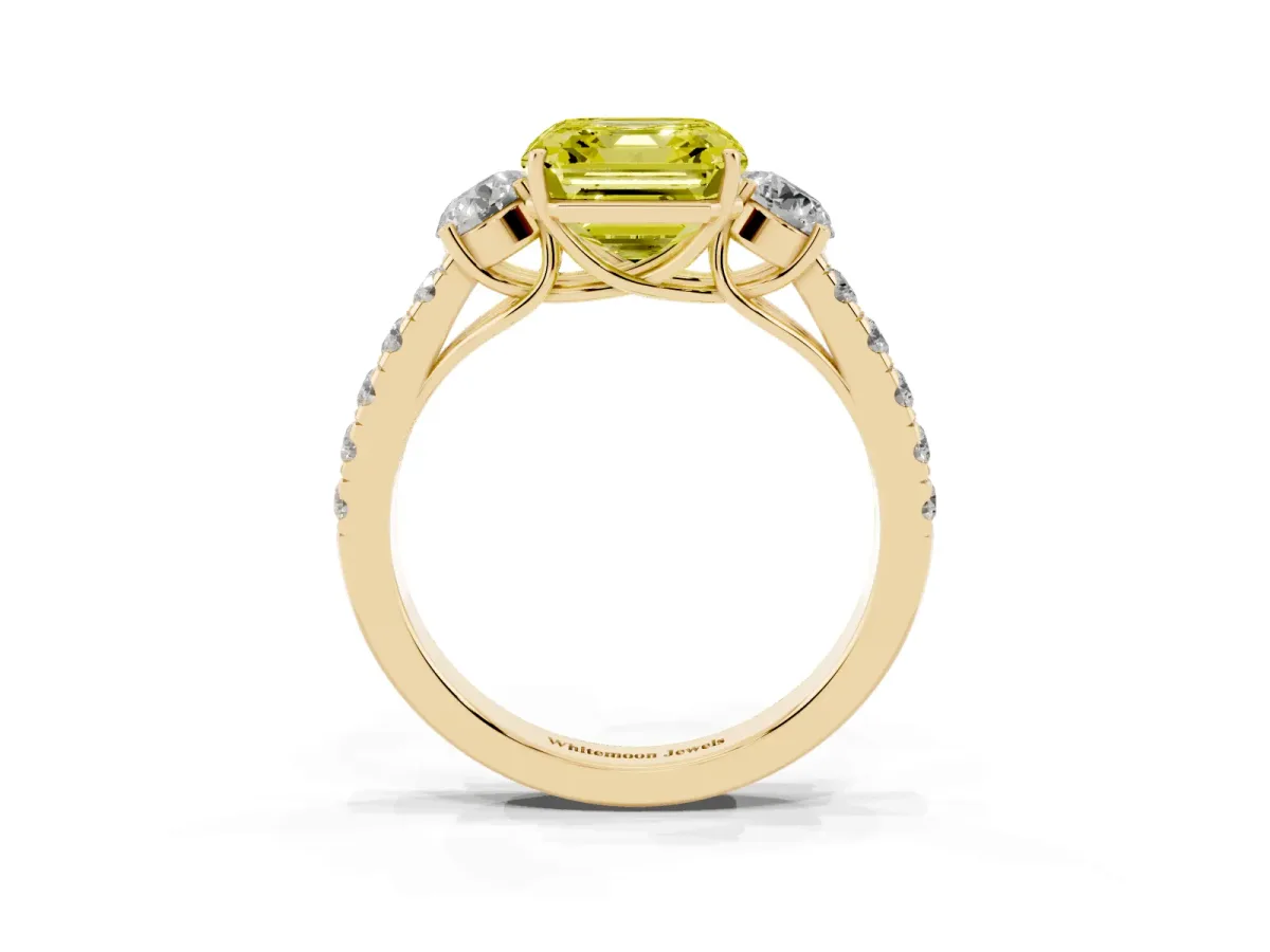 Fancy Yellow Asscher Cut Cut Diamond Three-Stone Ring with Round Side Stones and Pavé Band Yellow gold