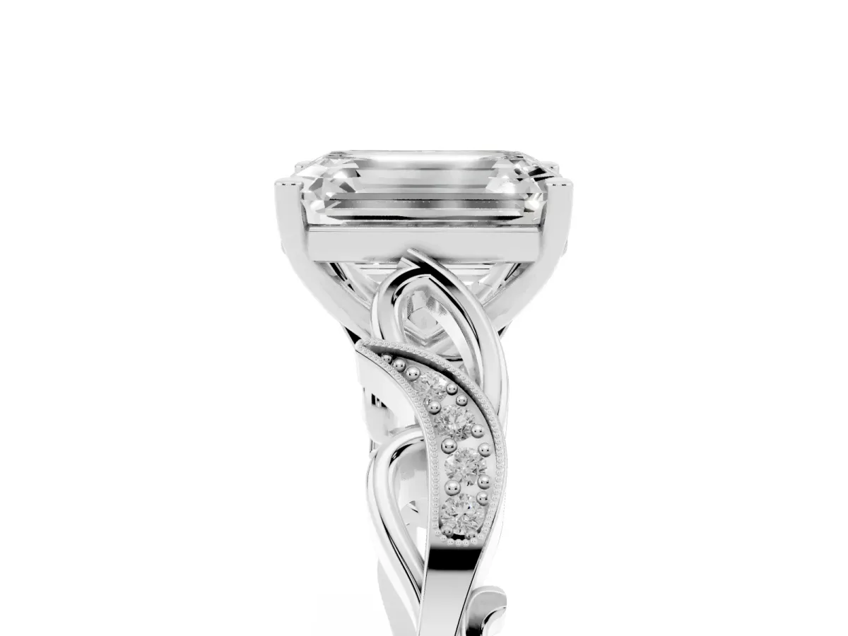 Emerald Cut Solitaire Vine Band with Milgrain Prong Setting Platinum