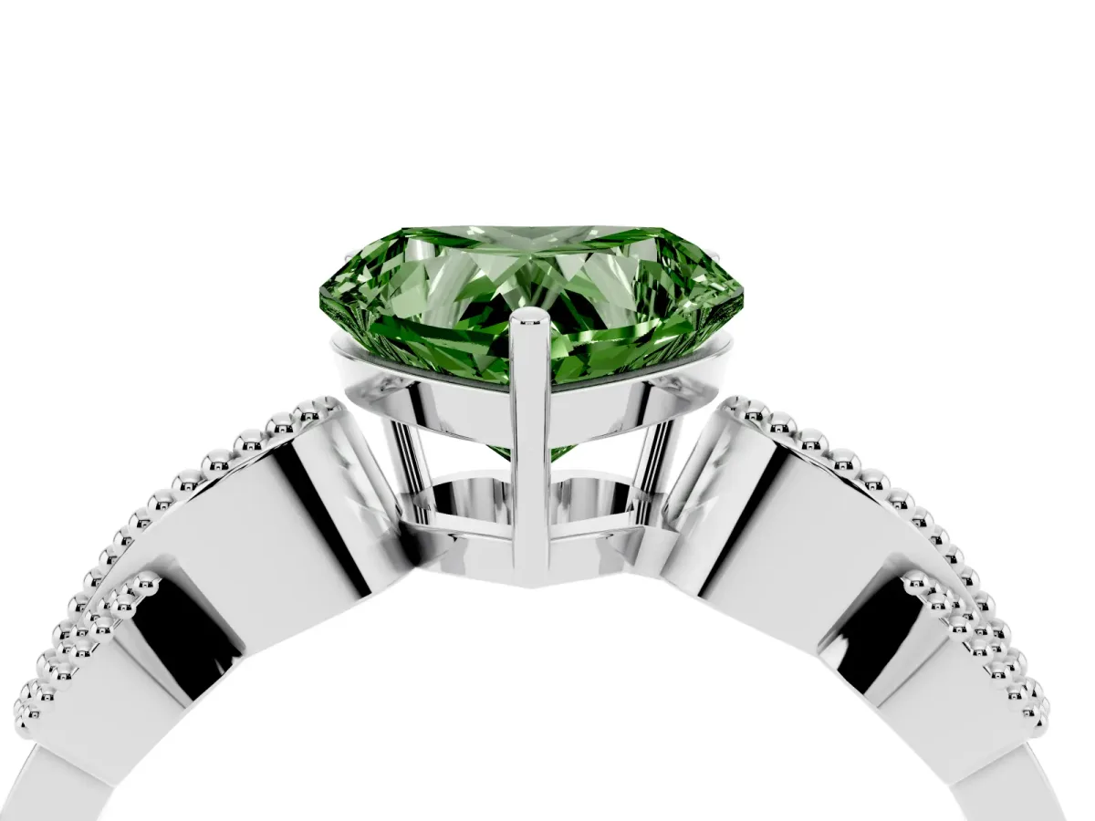 Fancy Green Heart Cut Solitaire Milgrain Leaf Band with Prong Setting Silver