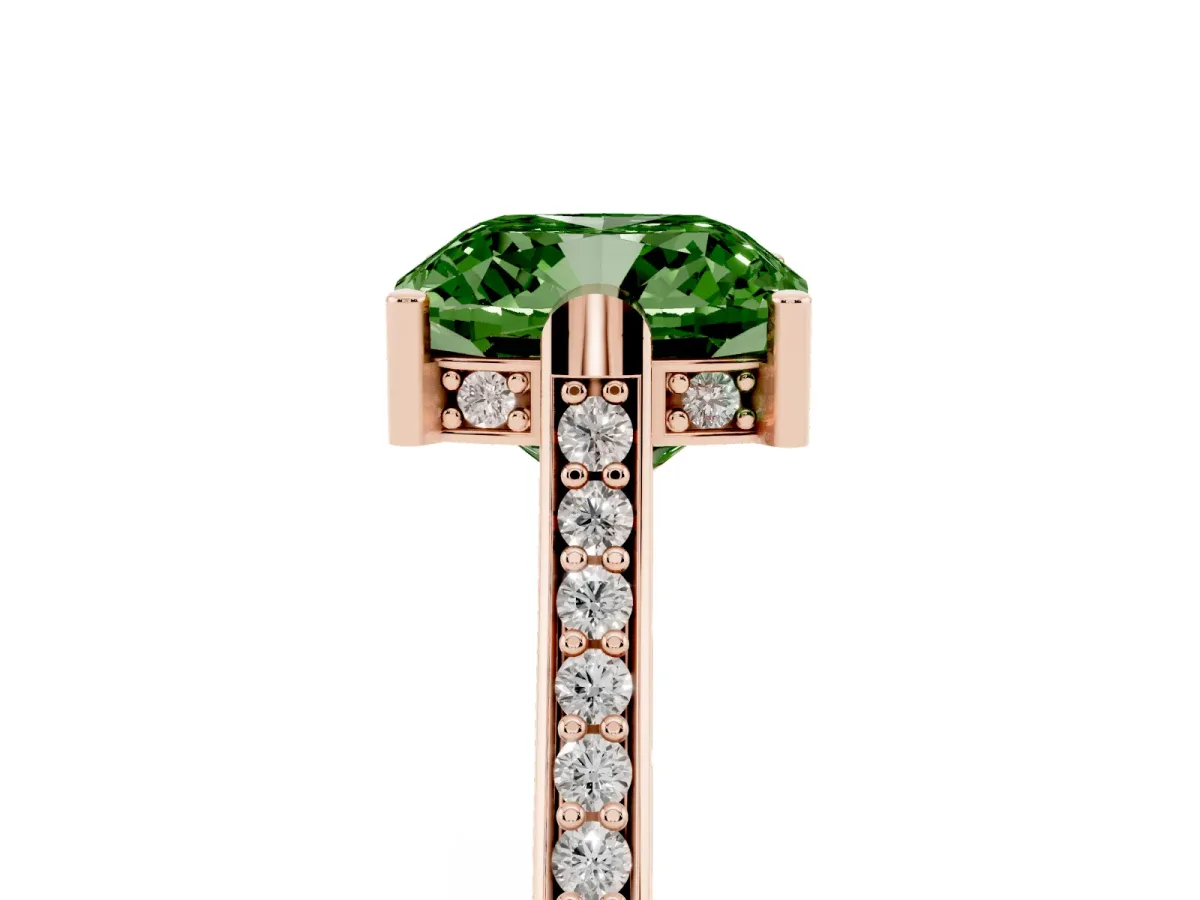 Fancy Green Cushion Cut Solitaire Diamond Ring with Channel Set Band and Bezel Prong Setting Rose gold