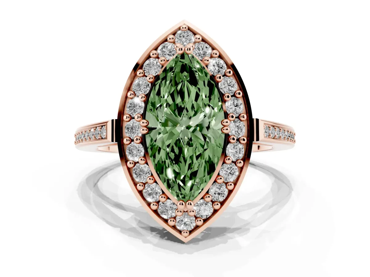 Fancy Green Marquise Cut Diamond Halo Ring with Split Shank and Four-Prong Setting Rose gold